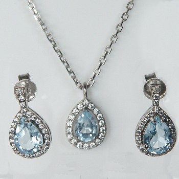 Sterling Silver/Simulated Blue Topaz/CZ Teardrop Earrings and Pendant Set